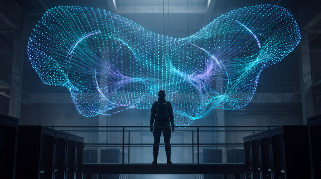 Silhouette facing a giant cloud-shaped data sculpture in a server hall