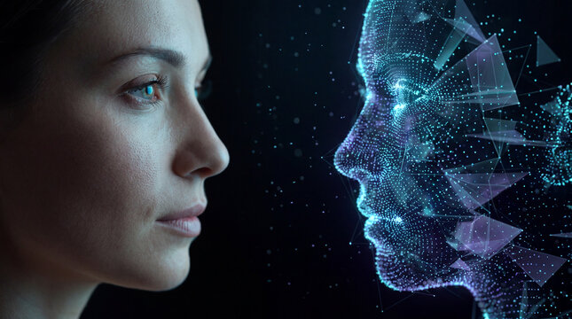 Woman's profile facing her digital AI facial reconstruction