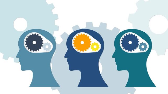 Brainstorming and Creative Thinking Background Animation, featuring human heads with rotating gears to represent brainstorming, creative thinking, innovation, problem solving, and idea generation.