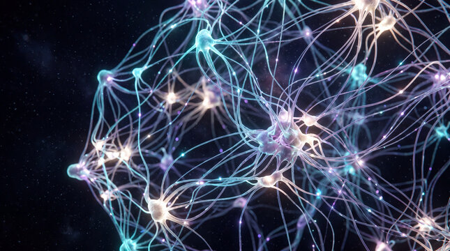 Close-up of a glowing neural network of connected neurons