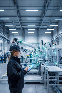 Female engineer using a tablet to control robotic arms in a smart factory