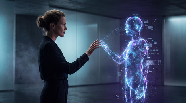 Woman touching a holographic digital human figure