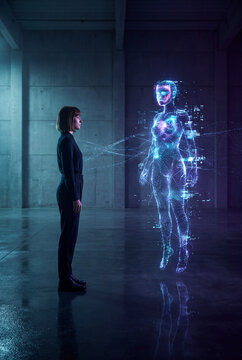 Woman standing before a floating full-body digital hologram