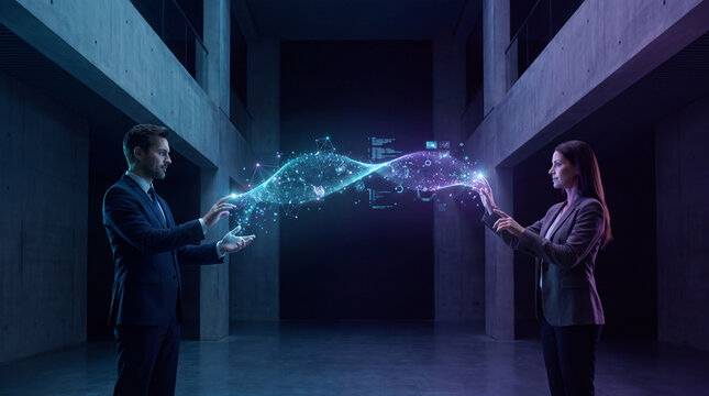Businessman and businesswoman exchanging a stream of digital data