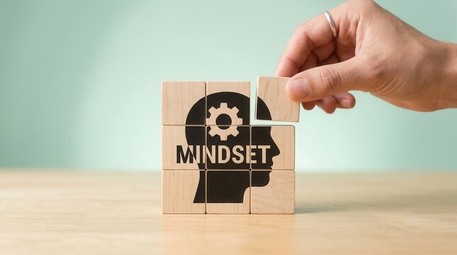 Growth and personal development concept shown by wooden cubes with a changing mindset symbol.