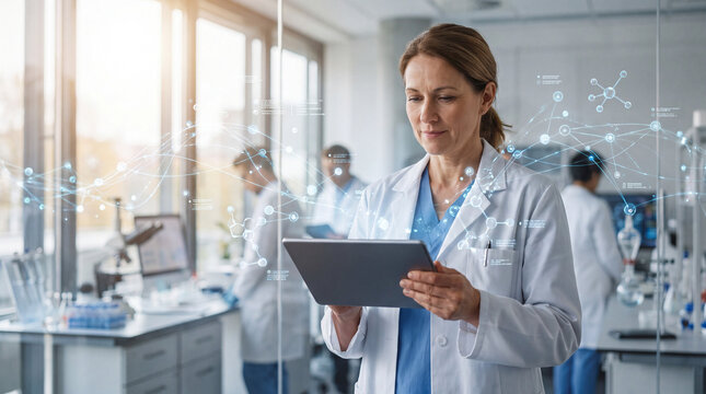 Female scientist reviewing molecular data on a tablet in the laboratory