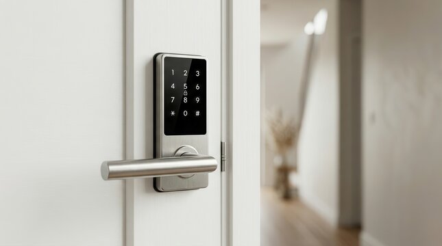 Close-up of a contemporary security door with a keypad lock and metal lever handle.