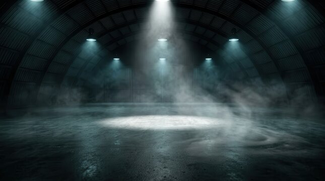 Perspective view of a smoky garage with an empty stage and car background concept.