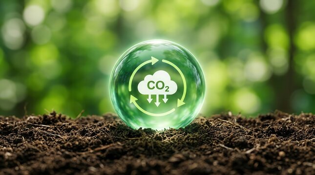 A symbol of decreasing CO2 emissions and carbon footprint reduction against a lush green background.