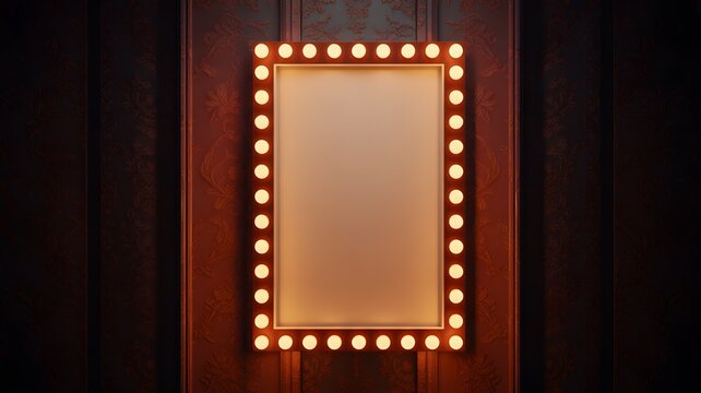 Illuminated vanity mirror with warm light bulbs on a dark vintage wallpaper background, theatrical dressing room style