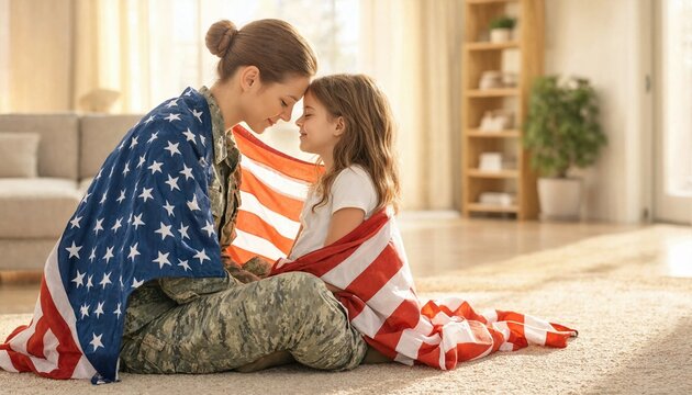 female soldier and her smiling daughter sit together wrapped in an american flag and gently touch foreheads at home