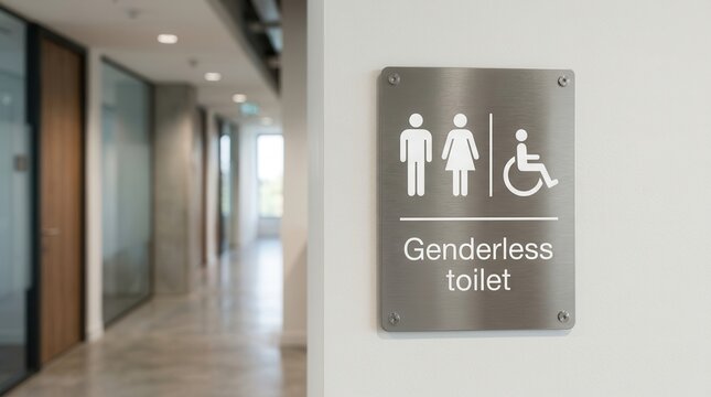 Close-up of a metal restroom sign indicating genderless toilet and accessibility.