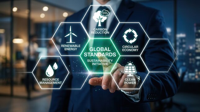 Digital interface showing ISO 14001 EMS icons for green business and sustainability.