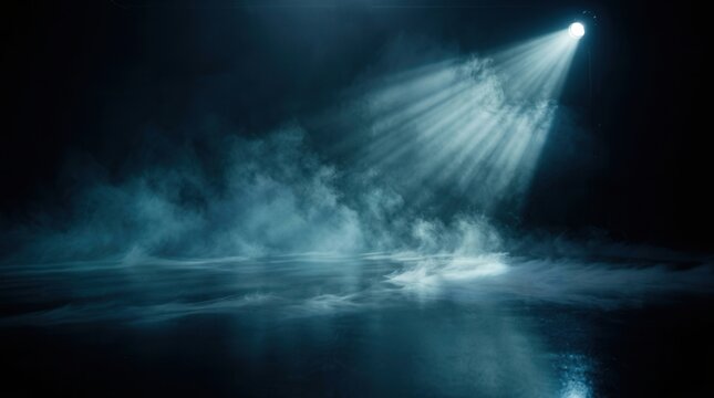 Product display background with smoke and spotlight in a dark empty studio setting.