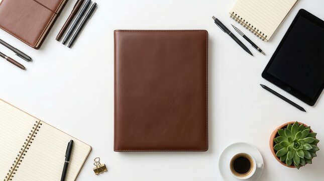 Professional workspace top view with a leather folder and various office items.