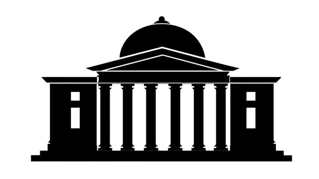 A black silhouette of a neoclassical building with a grand dome and columns. This architectural style evokes a sense of history, knowledge, and public service.