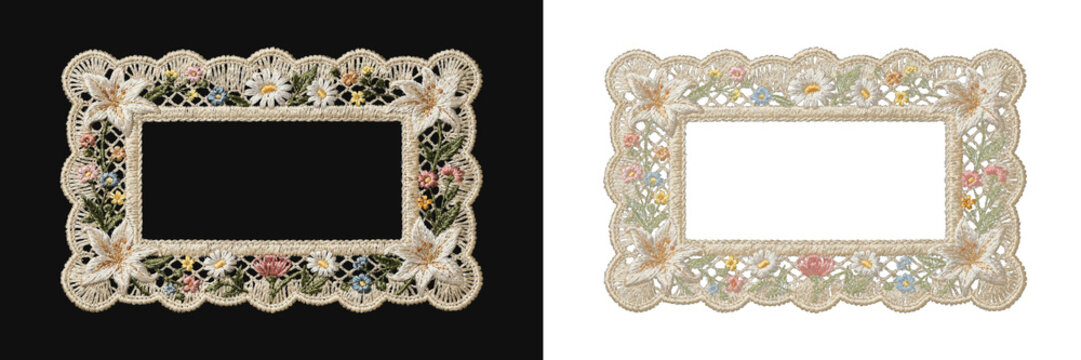 Ornate rectangular frame with lace borders and wild flower embroidered patterns.