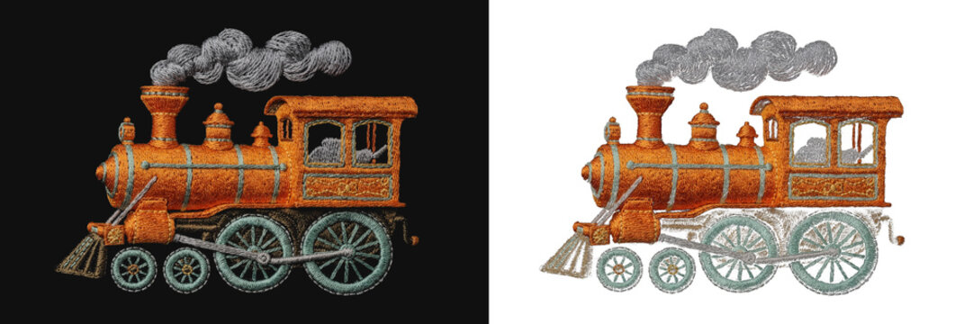 Vintage orange steam engine train embroidery patch isolated on black background.