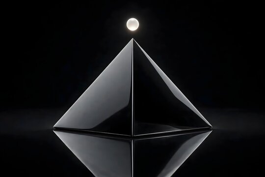 Glossy black pyramid reflecting light with glowing orb above apex