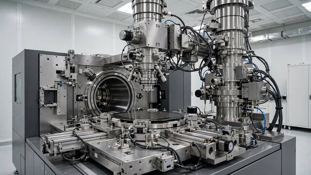 Critical dimension CD-SEM metrology tool measuring 3nm transistor fin structure on wafer stage in advanced cleanroom