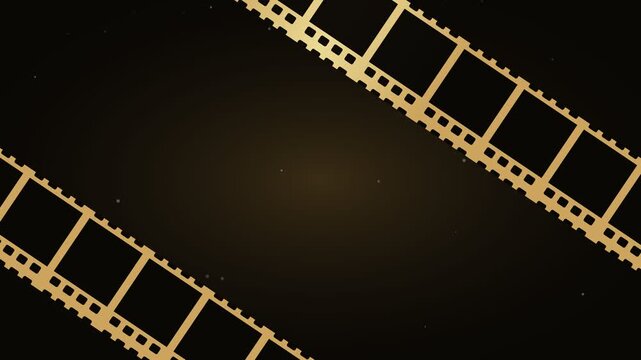 Film strips scrolling diagonally with scratches and floating dust particles on dark cinematic background for video production projects.