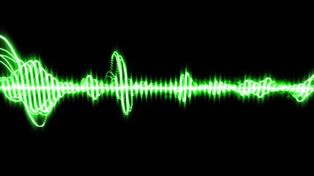 Green futuristic audio waveform equalizer with energy beam on black