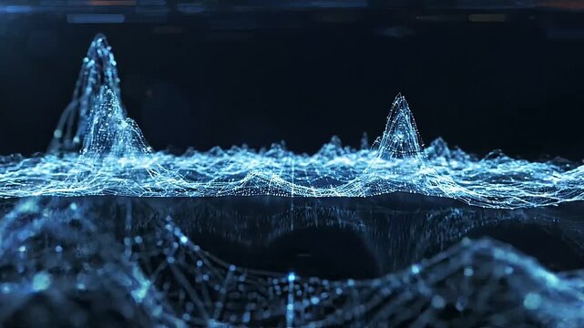 Digital wireframe mountain landscape forming with glowing blue nodes connection lines data visualization plexus network grid dark background futuristic technology presentation template, Abstract 3D