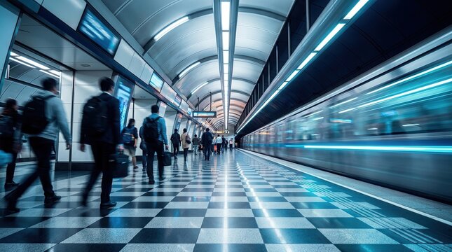 Daily travel routine in a busy city with motion blur of commuters in a modern train station.