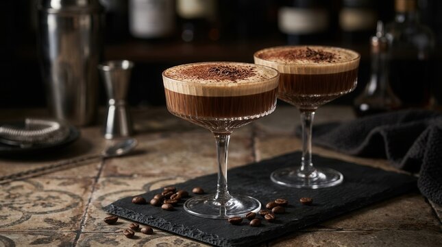 Coffee and vodka based espresso martini cocktail with space for text.