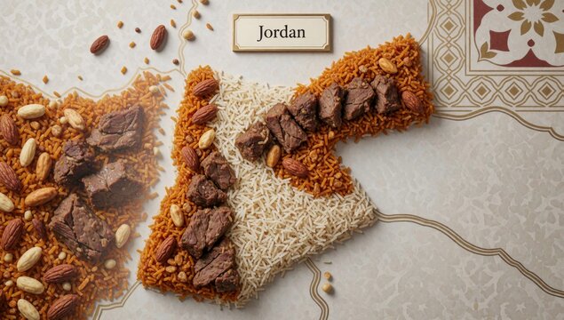 Flat lay plate food word jordan written cursive font top divided sections left side there pile orange rice chu