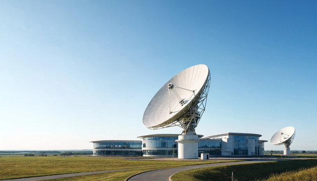 Large satellite dish antennas at ground station research facility with satellite telecommunications communication technology observatory astronomy transmission electronic receiver