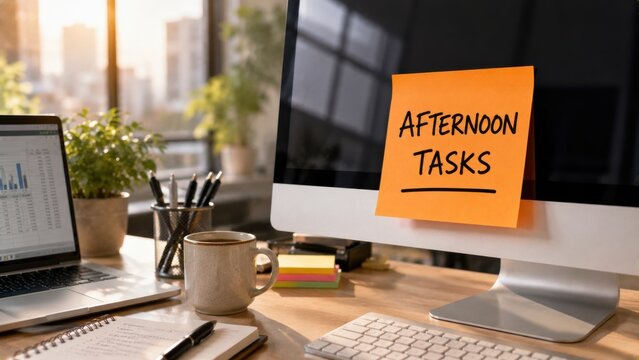 Afternoon tasks sticky note attached to computer monitor screen in busy office workspace area.
