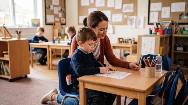 Teacher kneels beside child at desk, creating warm primary school scene about trust, emotional support, gentle guidance and connection during early learning moments in class.