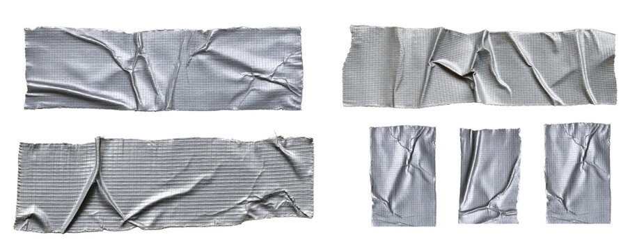 Silver duct tape pieces set with wrinkled textures on transparent grid background.