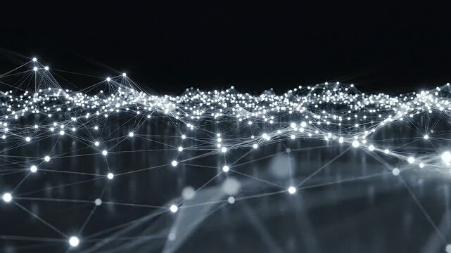 Abstract 3D digital wireframe particle wave grid floating with bright white glowing nodes mesh connectivity lines data visualization dark background futuristic technology presentation template