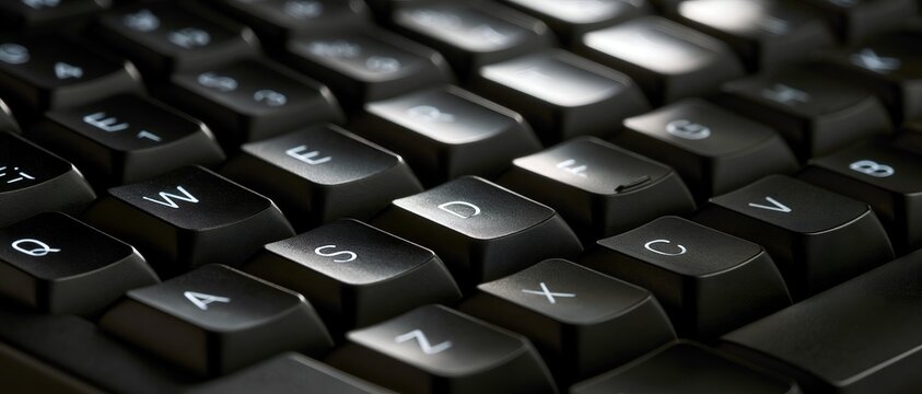 Close-up of black keyboard keys under soft lighting. 64k 8k widescreen, HDR
