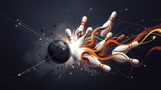 Dynamic bowling ball strike impact with orange fluid energy and precise scientific diagram lines