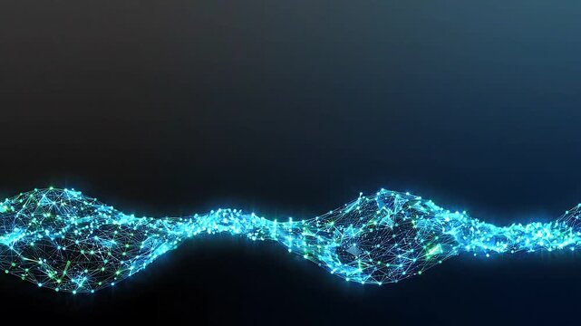 Abstract 3D digital wireframe ribbon wave glowing with blue green plexus network nodes mesh connectivity lines floating on dark gradient background futuristic technology motion graphics presentation 