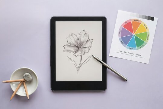 Digital tablet with flower sketch, color wheel, and pencils on lavender background for art and design concepts