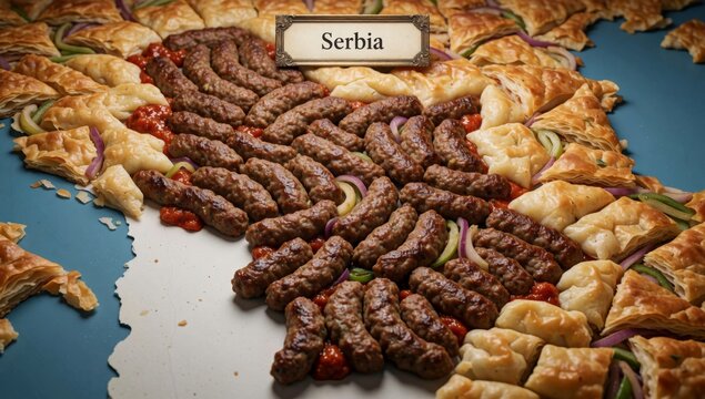 Large platter serbian pastries golden brown color have flaky crust arranged circular pattern blue surface cent