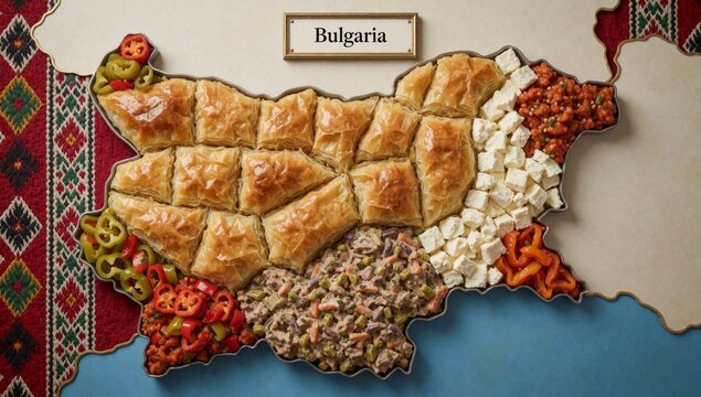 Map bulgaria variety food items arranged shape country made different colors patterns word written cursive fon
