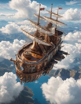 barco steampunk navegando por los cielos