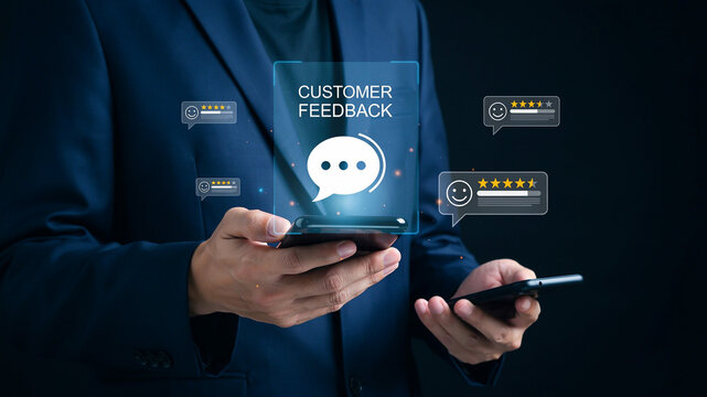 Man holding smartphone displaying customer feedback interface with star ratings and chat bubbles