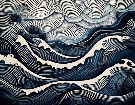lino cut background abstract tribal ocean waves pattern