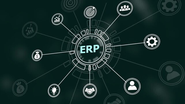 Enterprise resource planning erp system digital interface concept with animated infographic network for corporate business management, data integration, workflow automation, and strategic planning