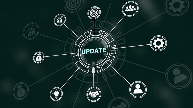 Dynamic digital interface displaying system update concept with animated infographic futuristic hud and network connectivity nodes for corporate technology, software development, and data analysis