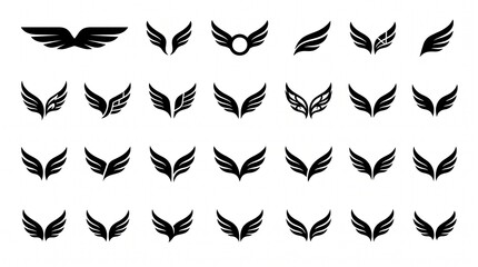 Fototapeta premium Grid of minimalist black wing symbols, various stylized bird wing isolated on a white background wings