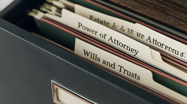 A view of a dark filing cabinet drawer holding hanging folders that are labeled for estate planning, power of attorney, and wills and trusts related to legal matters