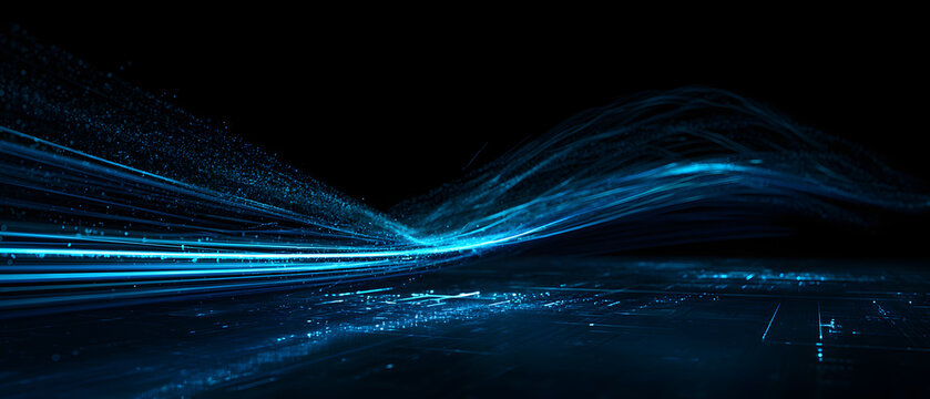 A fast-paced data stream with streaks of blue light, particle and waveforms, and a digital network flowing across a dark tech background &ndash; perfect for a technology banner