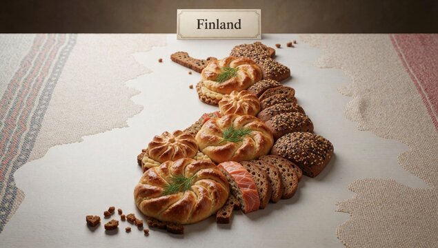 Collection different types bread white tablecloth map finland background breads arranged neat orderly manner o